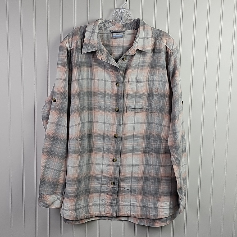 Columbia Women’s Plaid Button-Front Shirt • Size L • Pastel Neutrals